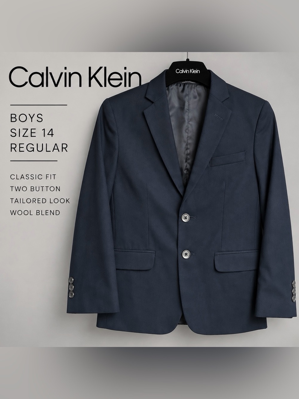 Calvin Klein Boys Size 14 Regular Navy Wool Blend Two Button Blazer